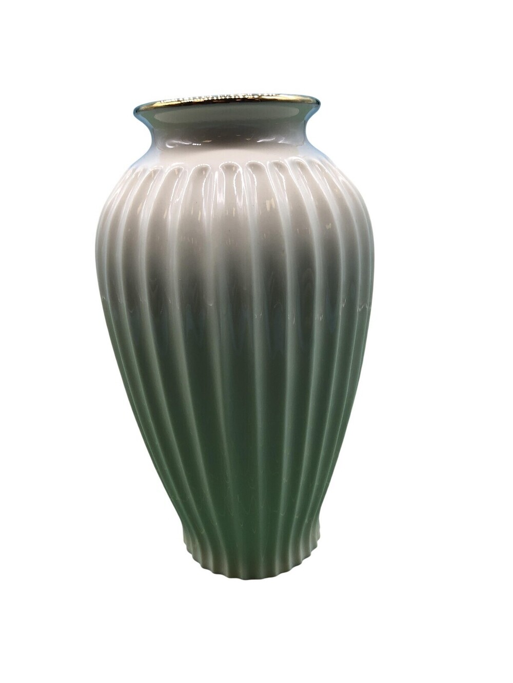 White Ribbed Porcelain Vase Gold Trim High Gloss USA Tabletop Home Decor